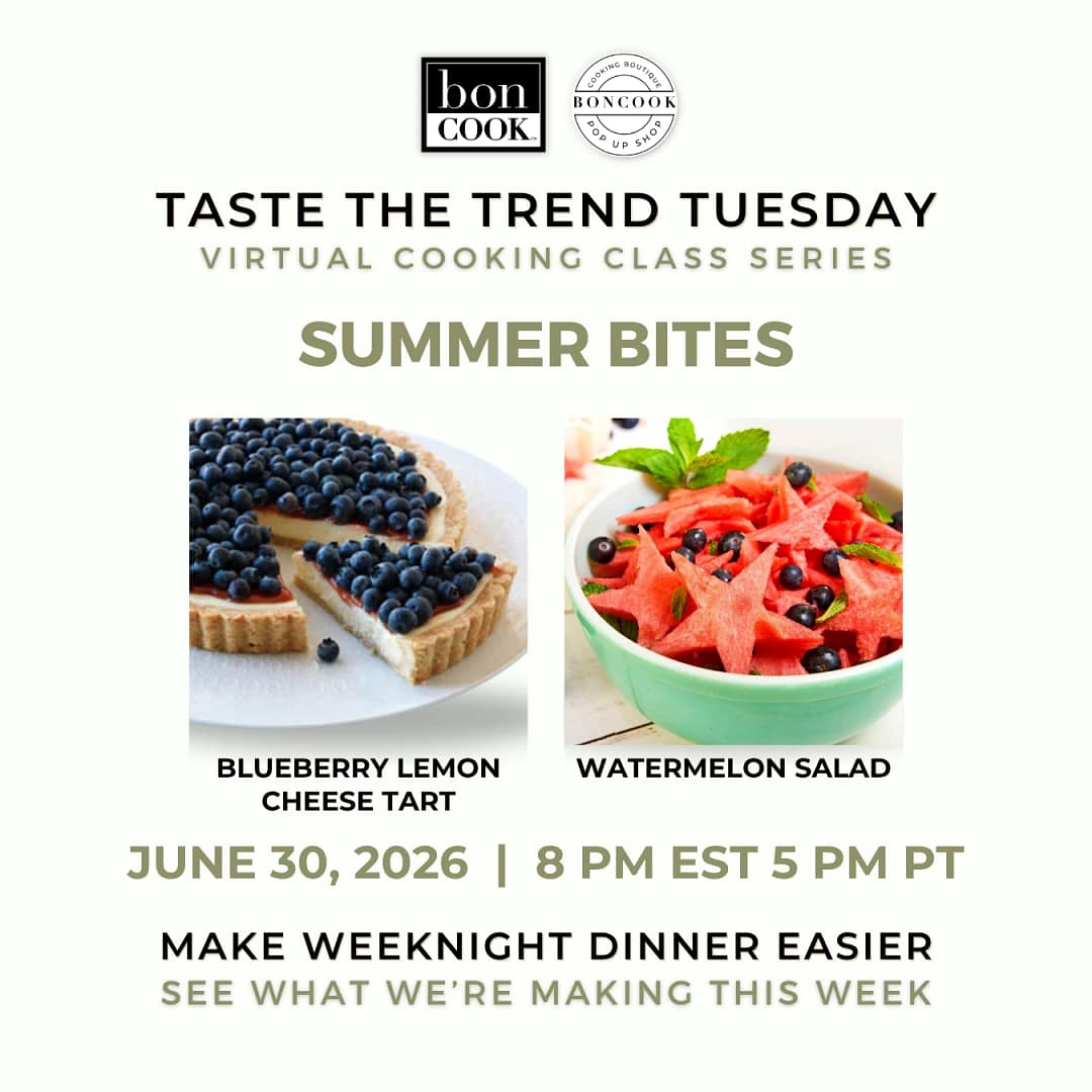 Summer Bites Taste the Trend Tuesday class graphic featuring Blueberry Lemon Cheese Tart and Watermelon Salad for June 30, 2026.