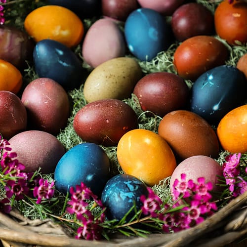 "Naturally-dyed Easter eggs in various vibrant colors using vegetables and teas."