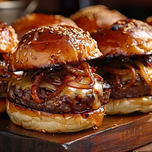 Gourmet truffle sliders made with grass-fed beef, melted Gruyère cheese, pickled red onions, and truffle aioli on toasted brioche buns.