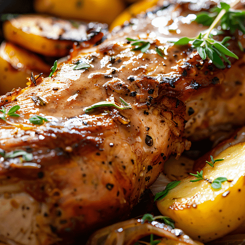 Apple Glazed Pork Tenderloin with roasted potatoes and fresh thyme, a cozy fall recipe.