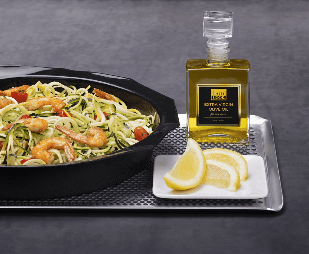 What is Gourmet? Gourmet zucchini shrimp noodles with bon COOK olive oil and lemon