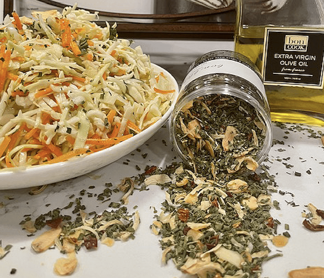 Coleslaw served as a crunchy side to corned beef and cabbage