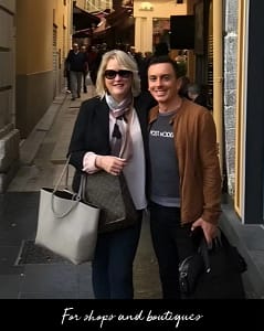 Cindy standing with a boutique or shop partner on a city street, representing bon COOK retail and business connections.