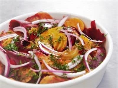 Beet salad with red onions and herbs, part of gluten free Thanksgiving recipes