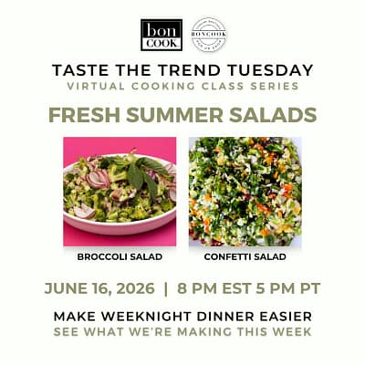 Fresh Summer Salads Taste the Trend Tuesday class graphic featuring Broccoli Salad and Confetti Salad for June 16, 2026.