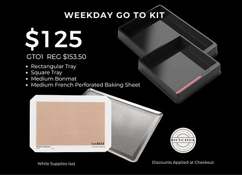 Weekday Go To Kit promotional graphic featuring a $125 bundle with a FORTEEZ rectangular tray, square tray, medium Bonmat, and medium French perforated baking sheet on a black background.