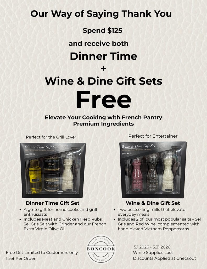 Promotional graphic offering free Dinner Time and Wine & Dine gift sets with a $125 purchase, featuring French Pantry ingredients and gift box images.