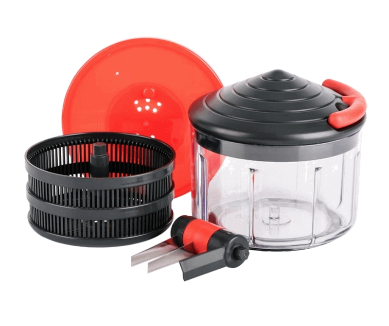 bon COOK Eco-Chop product image showing the manual chopper, herb spinner basket, lid, and chopping blade attachment.
