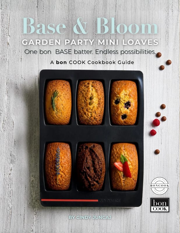 Base & Bloom Garden Party Mini Loaves cookbook guide cover featuring six mini loaf cakes baked in a 6-Loaf Tray with seasonal toppings.