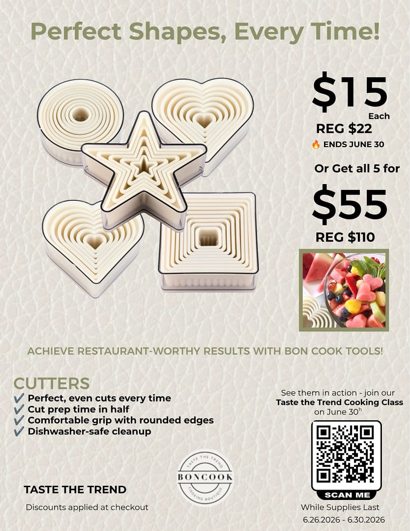 Cutters Taste the Trend promo flyer showing shape cutter sets, June 30 special pricing, and class registration QR code.