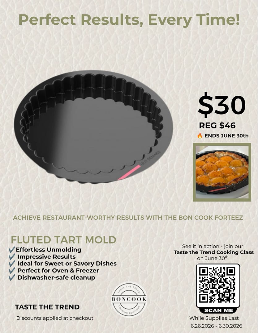 Fluted Tart Mold Taste the Trend promo flyer showing the June 30 special price and class registration QR code.